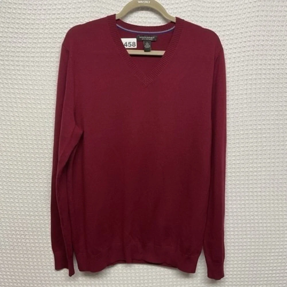 NWOT Banana Republic Burgundy Long Sleeve V-Neck Sweater Men‎ Large China Wool